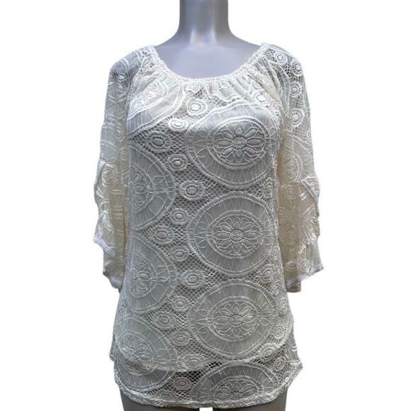 Lace Overlay Blouse Women's Small Cream Crochet Embroidered Ruffle Bell Sleeve - Picture 3 of 15